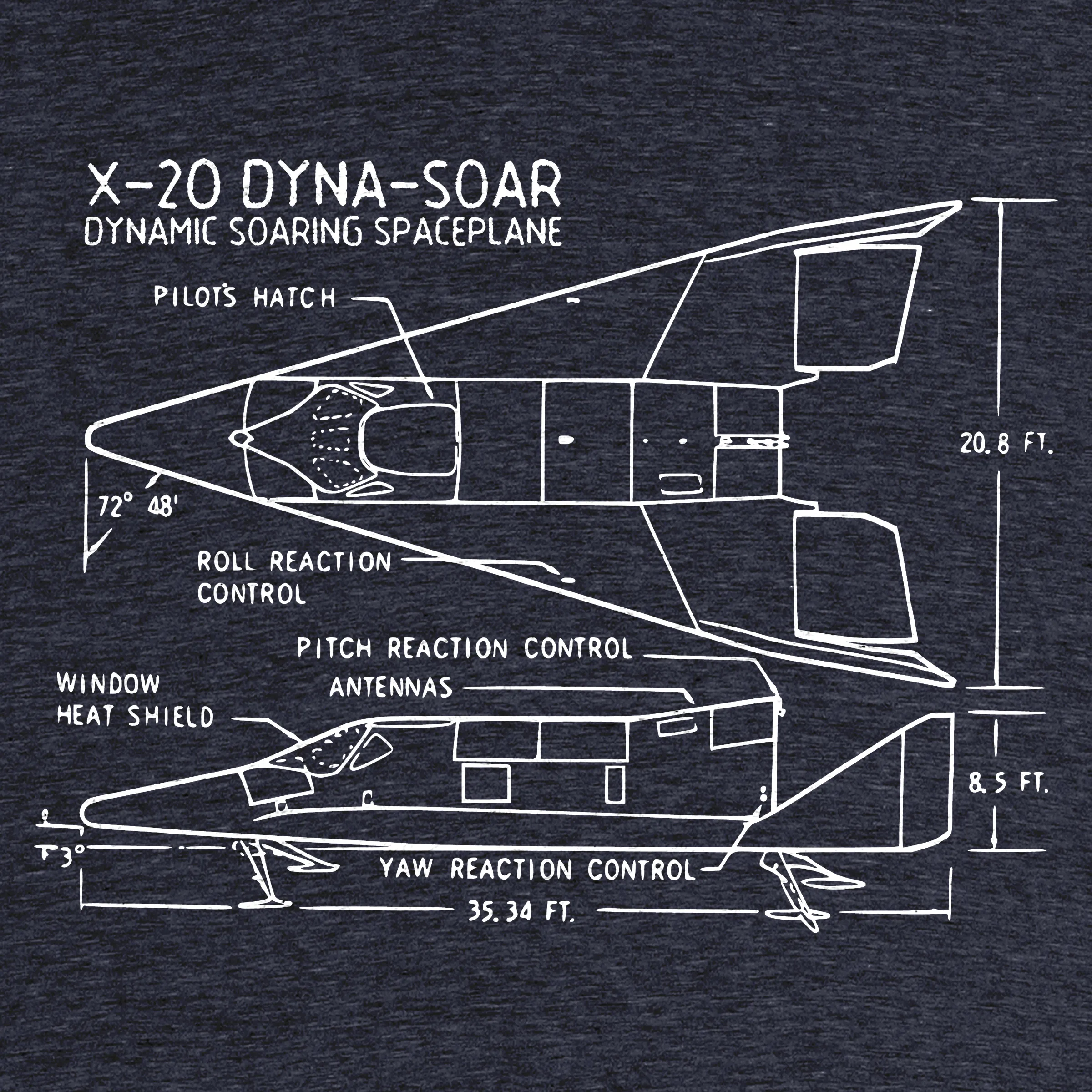 Dyna-Soar” graphic tee, pullover hoodie, onesie, tank, pullover crewneck,  and long sleeve tee by Jake McLeman.