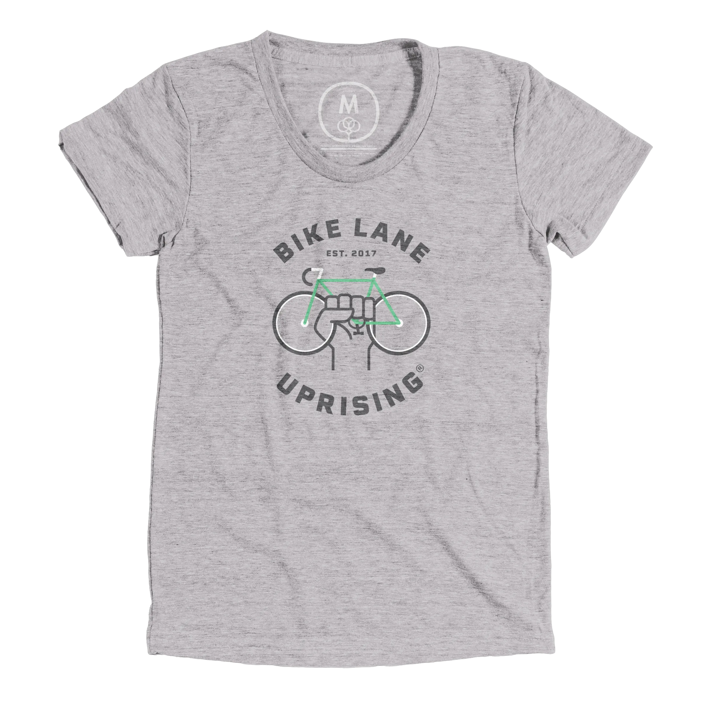 BLU on grey w green - women's” graphic tee and long sleeve tee by Bike Lane  Uprising®.