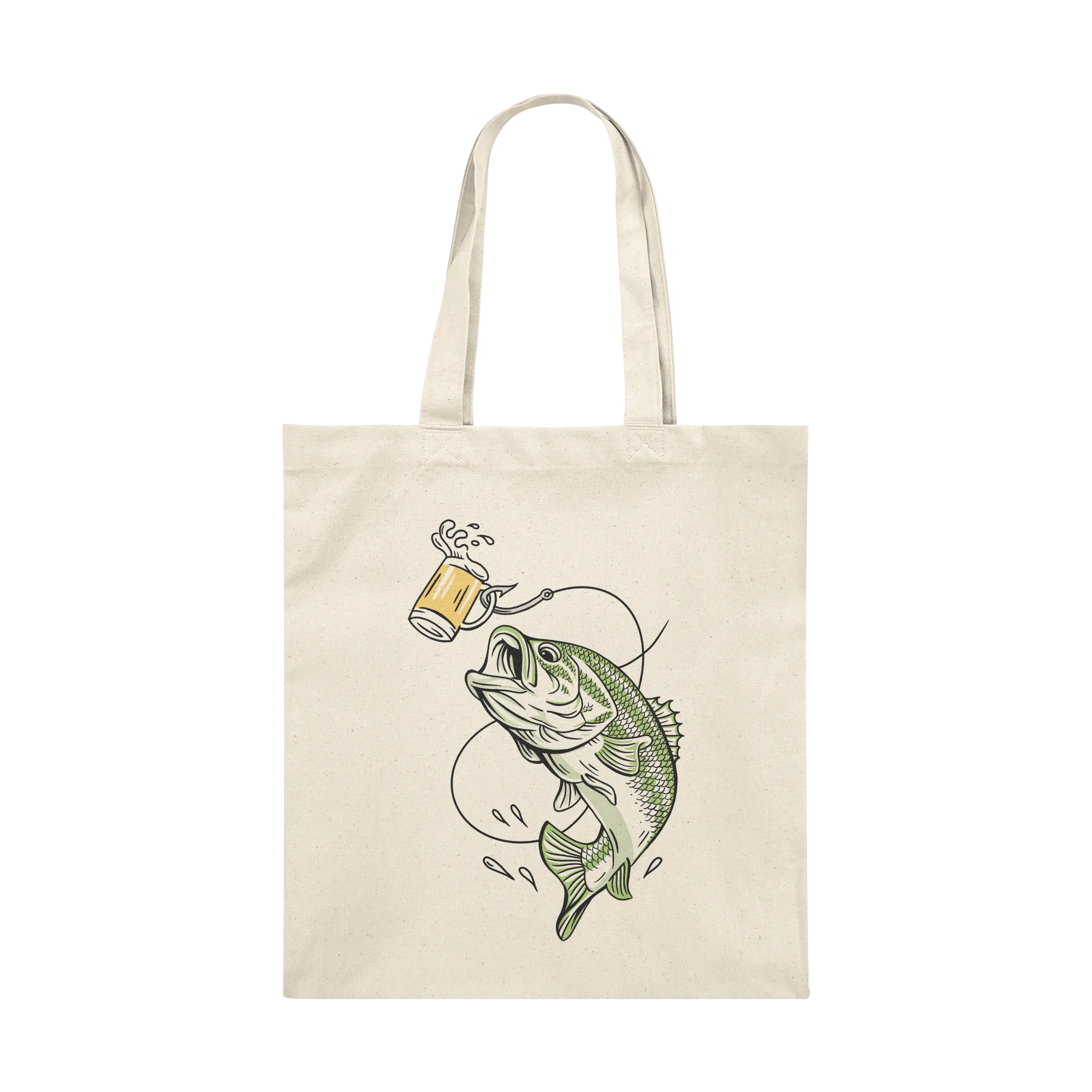 Lager Lure Bass Beer” graphic canvas tote by Habby Art.