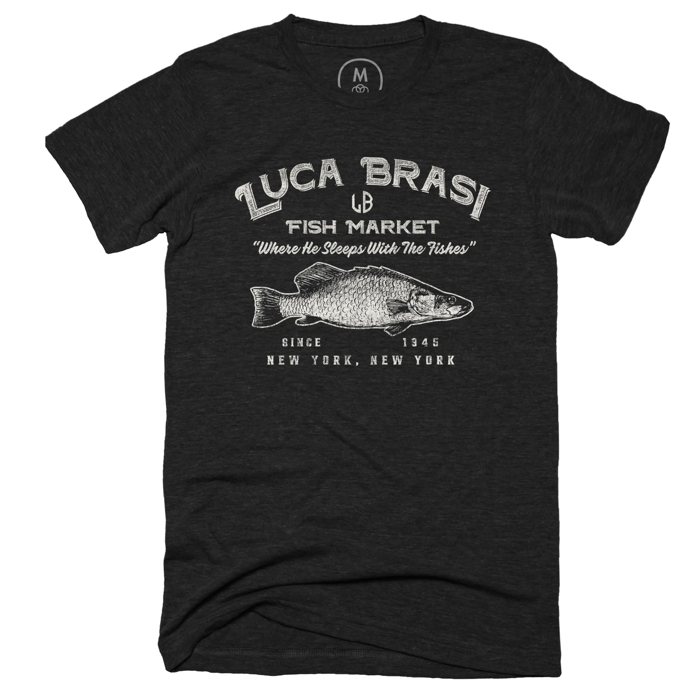 Luca Brasi Fish Market Worn” graphic tee, pullover crewneck